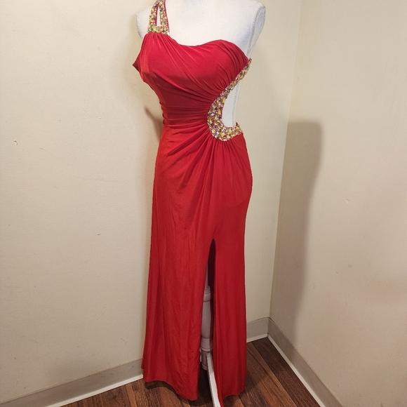 GIGI Red Floor length Backless Studded Open Front Prom Gown 4 - Picture 2 of 13